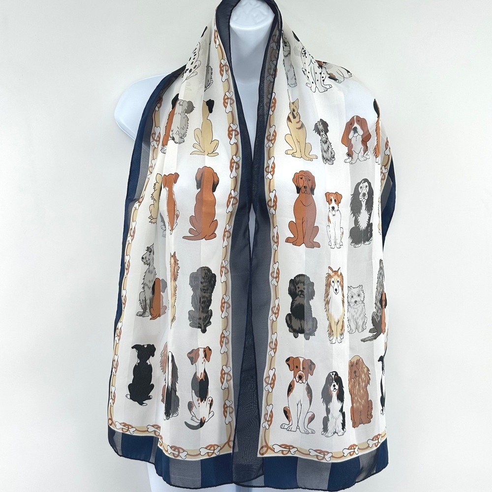 Dog Print Scarf Womens Navy Puppy Novelty Pet Owner Animal Lover Preppy Whimsy